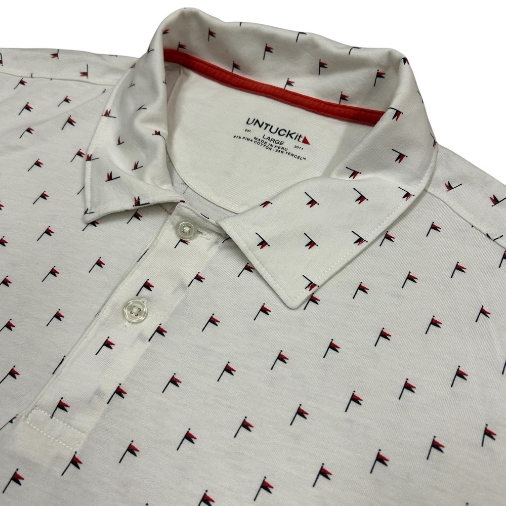 UNTUCKit Polo Shirt Mens Large Pourret Flag Print White Short Sleeve Cotton